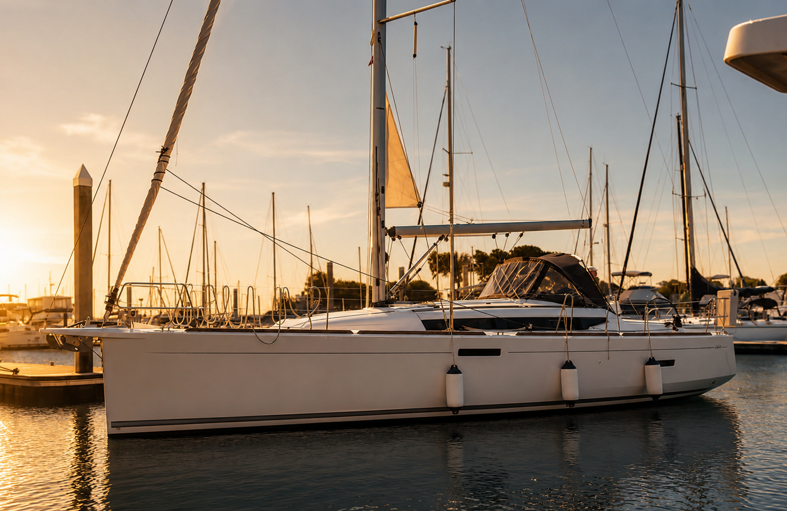 Jeanneau Sun Odyssey 389 docked at sunset in a Norfolk marina