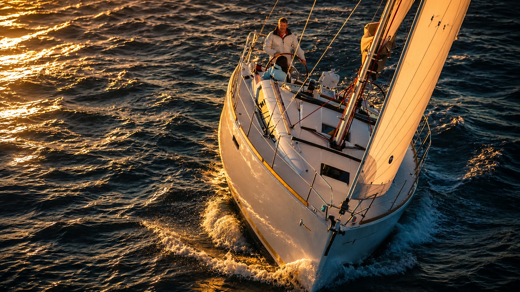 Jeanneau Sun Odyssey 389 sailing at sunset on the Chesapeake Bay