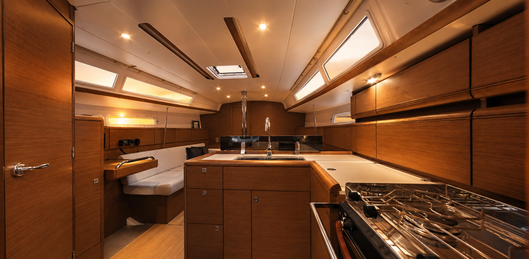 Interior salon and galley of the Jeanneau Sun Odyssey 389